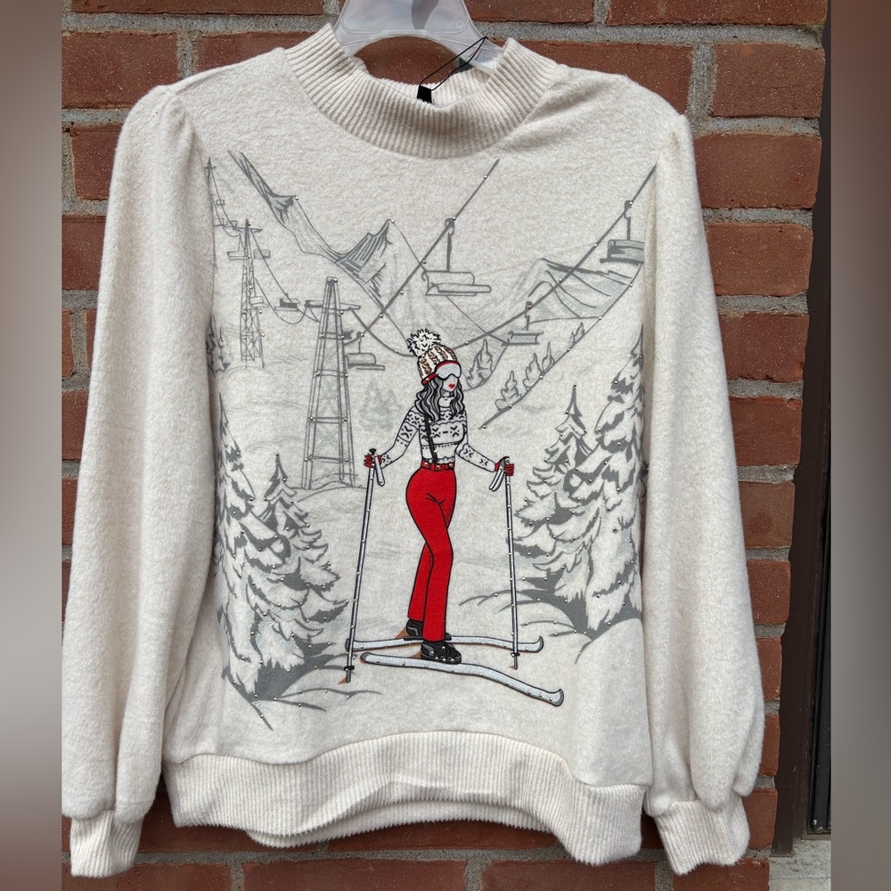 Love & Lace Super Soft Ivory Winter Ski Graphic Silver Gems Sweater Size M NWT